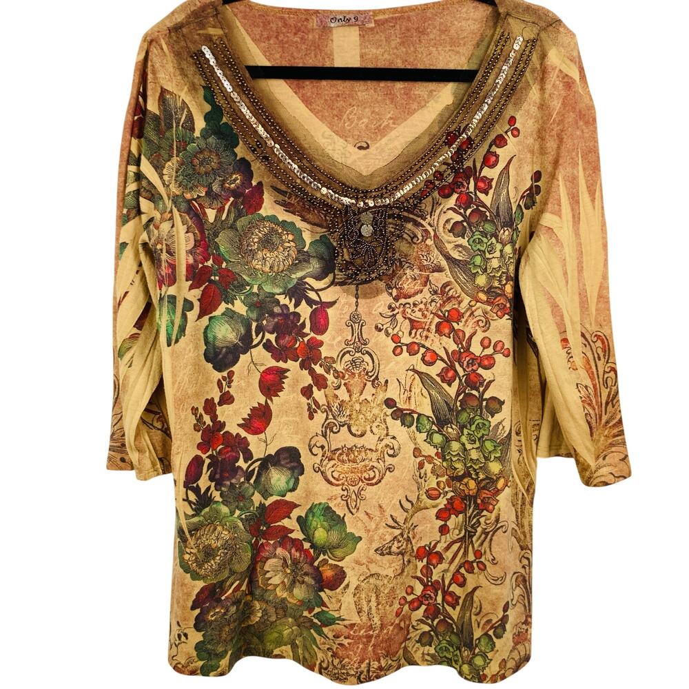 Y2K Only 9 Womens XL Gold Beaded Artsy Floral Print Top Whimsical Hippie Earthy